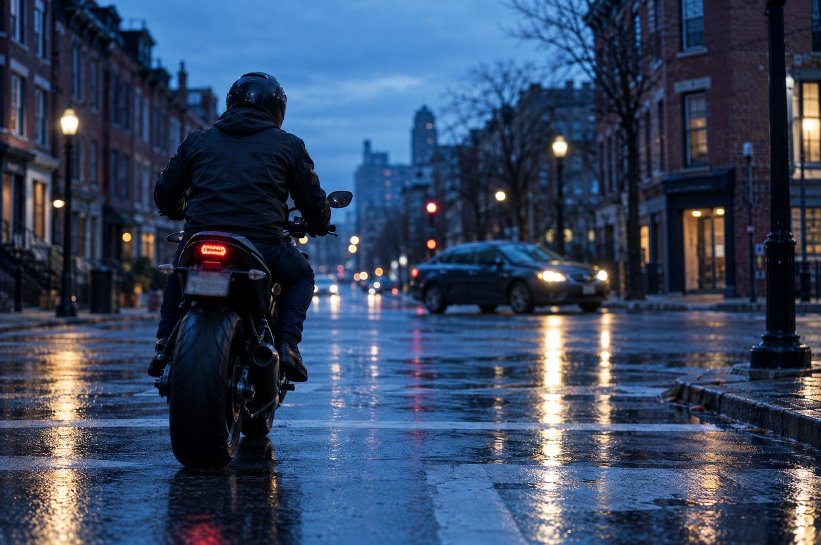 A motorcyclist approaching a city intersection at dusk as a car turns across the street ahead