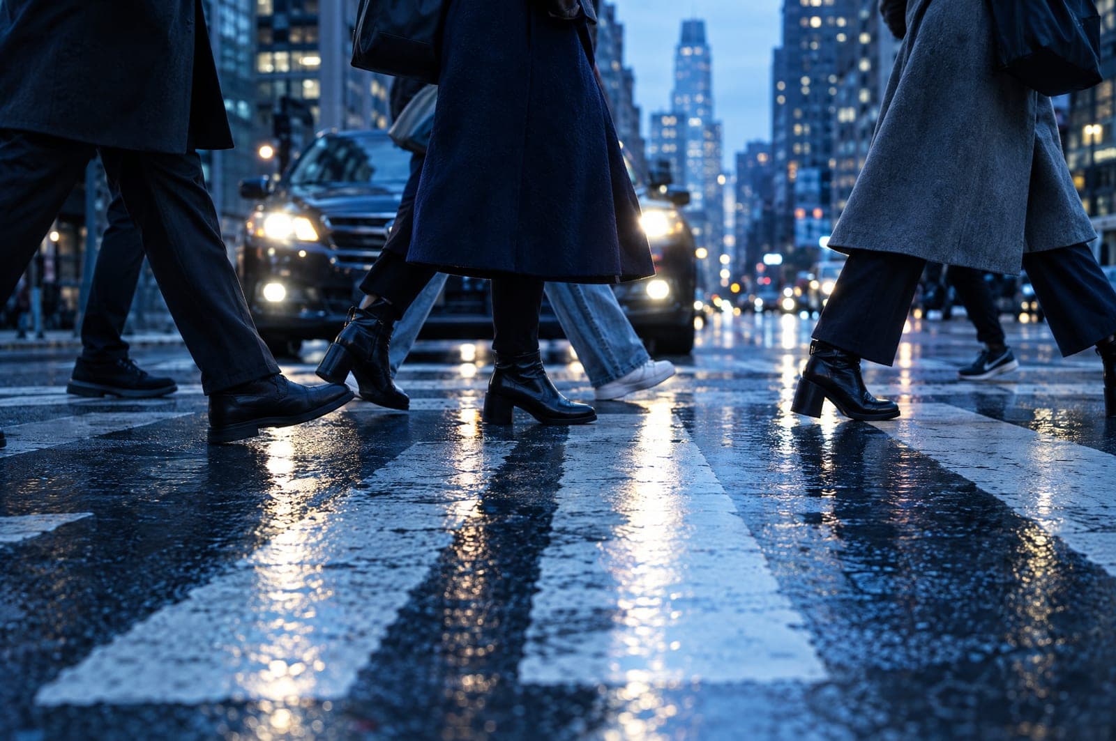 Pedestrians crossing a wet city crosswalk at dusk in front of a stopped car with its headlights on