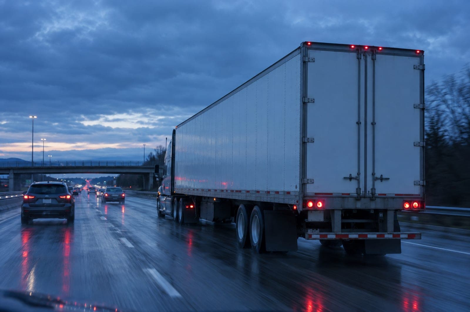 A tractor-trailer traveling beside passenger cars on a wet interstate highway at dusk